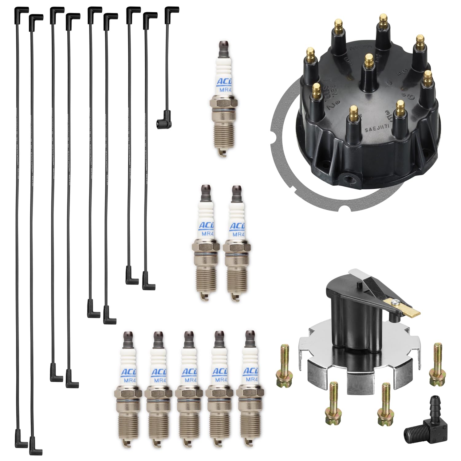 RPS Tune Up Kit für Mercruiser 5.0, 5.7, 7.4, 8.2 V8 Motoren mit Thunderbolt-Zündung. Inklusive Zündkerzendrähte, Verteilerkappe/Rotor und 8 MR43T Zündkerzen von RPS