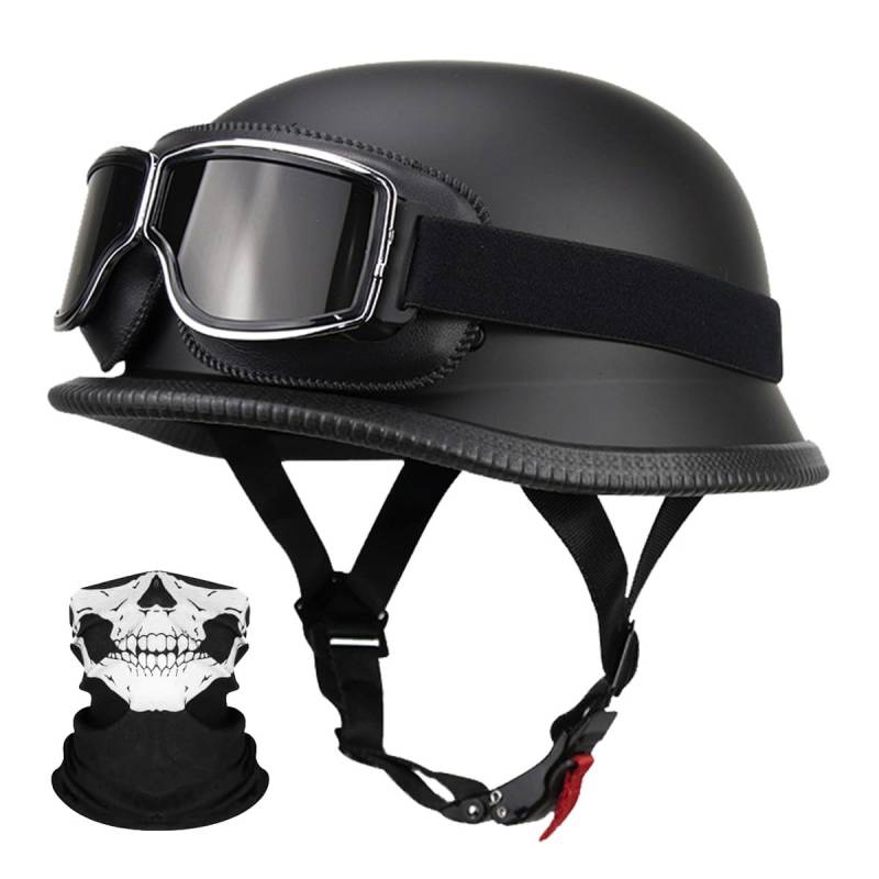 RQTEUYE Deutsche Motorrad Jethelm ECE-Zertifizierung, Vintage Halbhelme Halbschalenhelm mit Schutzbrille Chopper Helm für Cruiser Street Scooter mit Schnellverschlussschnallen 22.4-25.2in von RQTEUYE