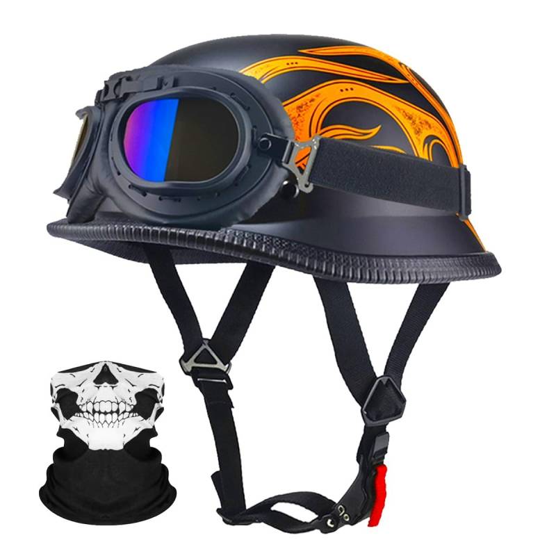 RQTEUYE Deutsche Motorrad Jethelm ECE-Zertifizierung, Vintage Halbhelme Halbschalenhelm mit Schutzbrille Chopper Helm für Cruiser Street Scooter mit Schnellverschlussschnallen 22.4-25.2in von RQTEUYE