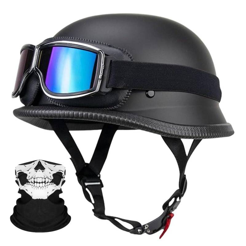 RQTEUYE Deutsche Motorrad Jethelm ECE-Zertifizierung, Vintage Halbhelme Halbschalenhelm mit Schutzbrille Chopper Helm für Cruiser Street Scooter mit Schnellverschlussschnallen 22.4-25.2in von RQTEUYE