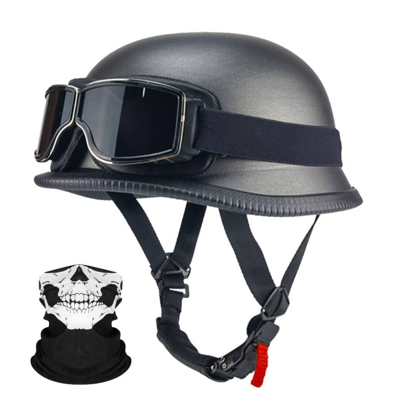 RQTEUYE Deutsche Motorrad Jethelm ECE-Zertifizierung, Vintage Halbhelme Halbschalenhelm mit Schutzbrille Chopper Helm für Cruiser Street Scooter mit Schnellverschlussschnallen 22.4-25.2in von RQTEUYE