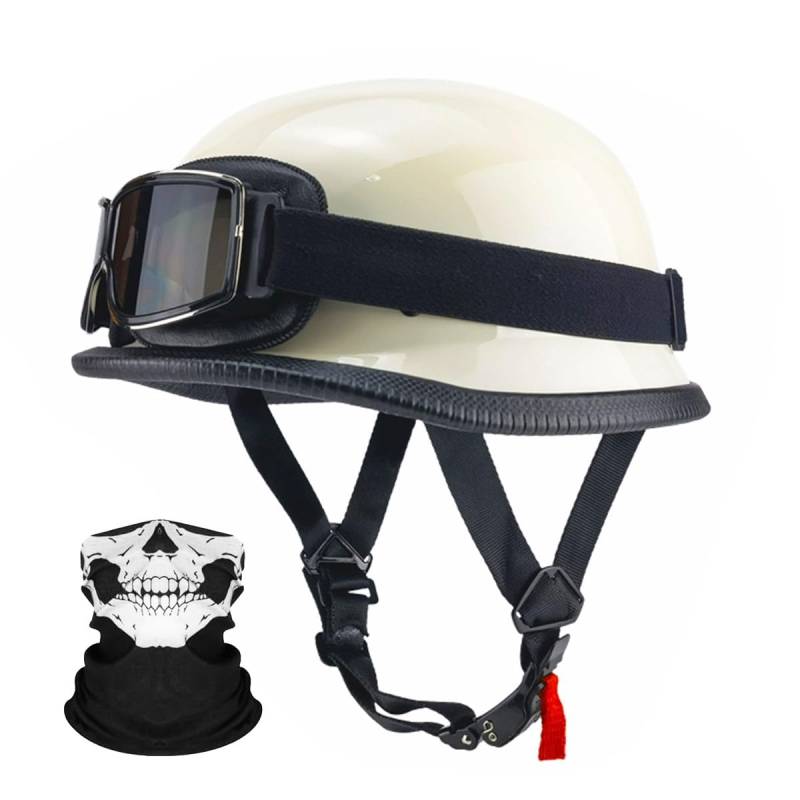 RQTEUYE Deutsche Motorrad Jethelm ECE-Zertifizierung, Vintage Halbhelme Halbschalenhelm mit Schutzbrille Chopper Helm für Cruiser Street Scooter mit Schnellverschlussschnallen 22.4-25.2in von RQTEUYE