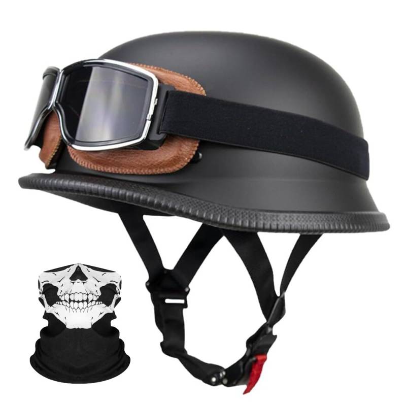 RQTEUYE Deutsche Motorrad Jethelm ECE-Zertifizierung, Vintage Halbhelme Halbschalenhelm mit Schutzbrille Chopper Helm für Cruiser Street Scooter mit Schnellverschlussschnallen 22.4-25.2in von RQTEUYE