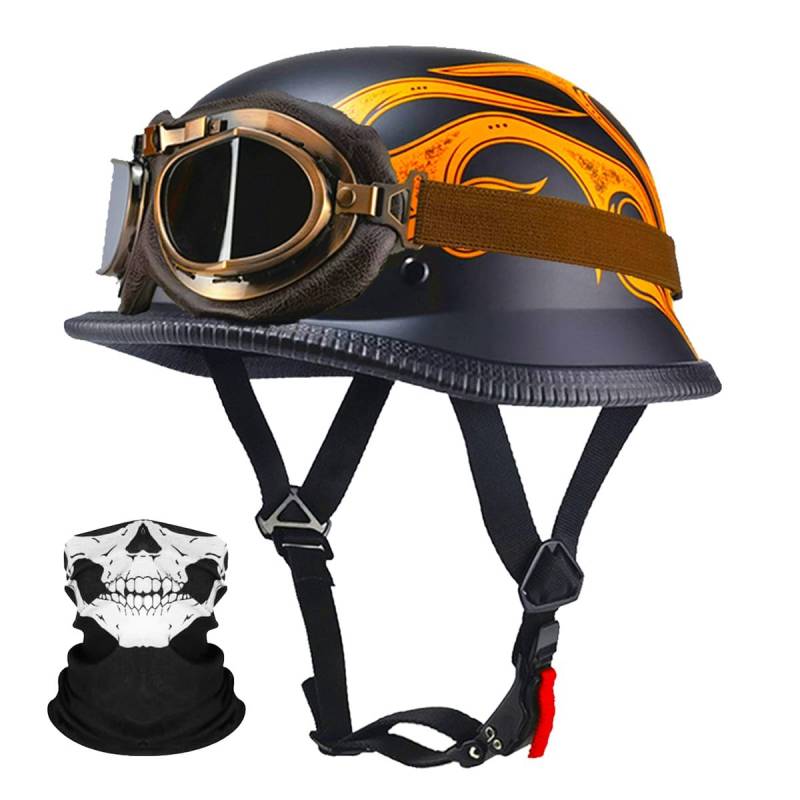RQTEUYE Deutsche Motorrad Jethelm ECE-Zertifizierung, Vintage Halbhelme Halbschalenhelm mit Schutzbrille Chopper Helm für Cruiser Street Scooter mit Schnellverschlussschnallen 22.4-25.2in von RQTEUYE