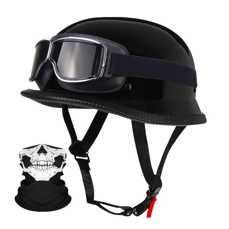 Deutsche Motorrad Jethelm ECE-Zertifizierung, Vintage Halbhelme Halbschalenhelm mit Schutzbrille Chopper Helm für Cruiser Street Scooter mit Schnellverschlussschnallen 22.4-25.2in von RQTEUYE