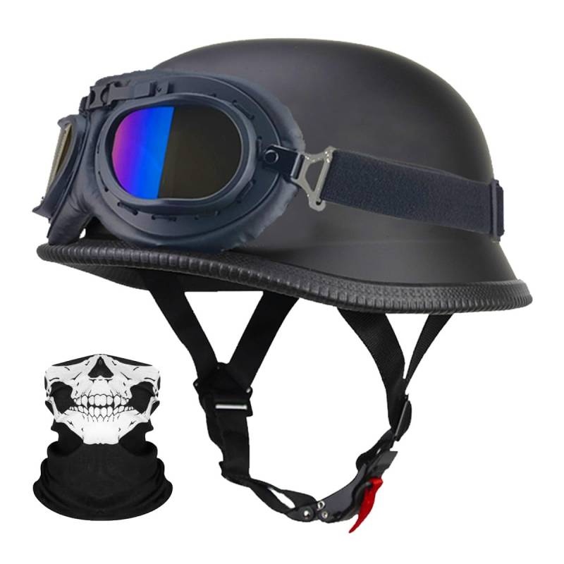 RQTEUYE Deutsche Motorrad Jethelm ECE-Zertifizierung, Vintage Halbhelme Halbschalenhelm mit Schutzbrille Chopper Helm für Cruiser Street Scooter mit Schnellverschlussschnallen 22.4-25.2in von RQTEUYE