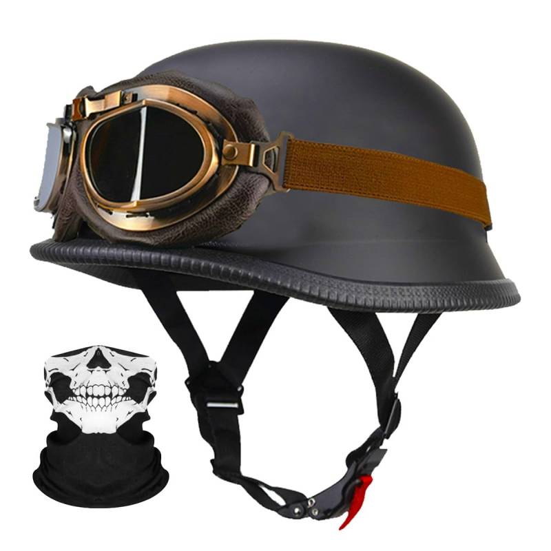 RQTEUYE Deutsche Motorrad Jethelm ECE-Zertifizierung, Vintage Halbhelme Halbschalenhelm mit Schutzbrille Chopper Helm für Cruiser Street Scooter mit Schnellverschlussschnallen 22.4-25.2in von RQTEUYE