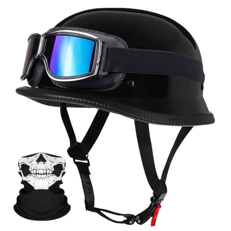 RQTEUYE Deutsche Motorrad Jethelm ECE-Zertifizierung, Vintage Halbhelme Halbschalenhelm mit Schutzbrille Chopper Helm für Cruiser Street Scooter mit Schnellverschlussschnallen 22.4-25.2in von RQTEUYE