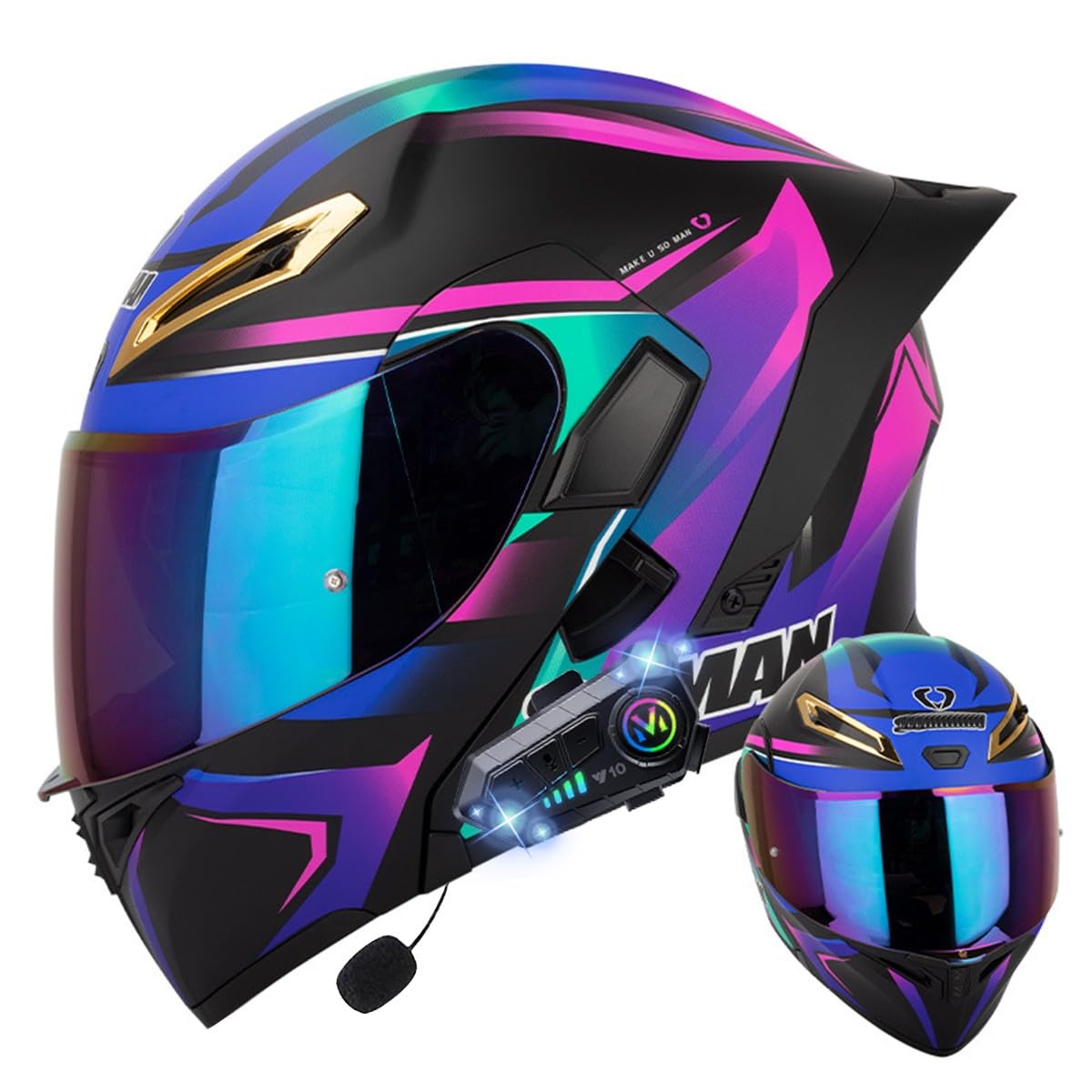 Klapphelm mit Bluetooth, Bluetooth Integralhelm Motorradhelm mit Doppelvisier, ECE Zertifiziert Hohe Qualität Helm, Verschiedene farbige Linsen, für Frauen Männer（22.4-25.2in） von RQTEUYE