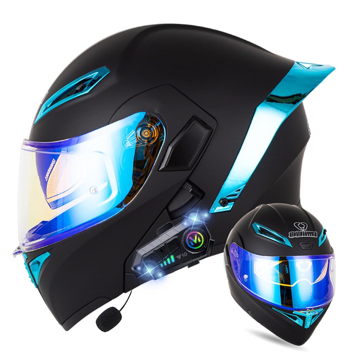 Klapphelm mit Bluetooth, Bluetooth Integralhelm Motorradhelm mit Doppelvisier, ECE Zertifiziert Hohe Qualität Helm, Verschiedene farbige Linsen, für Frauen Männer（22.4-25.2in） von RQTEUYE