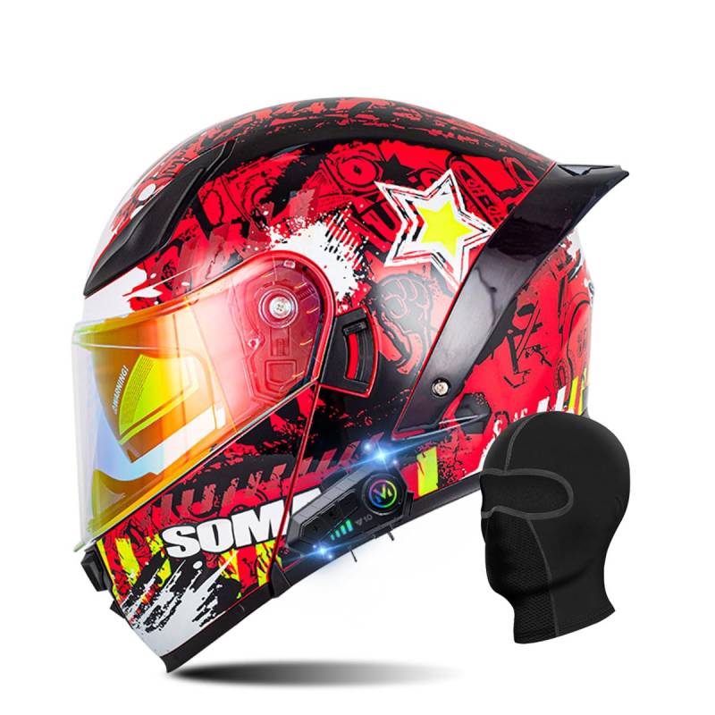 RQTEUYE Motorradhelm Klapphelm mit Bluetooth, ECE Zertifiziert Integralhelm mit Doppelvisier, mit Eingebautem Mikrofon für Automatische Reaktion, für Erwachsene Frauen Männer (21.6-24.4in) von RQTEUYE