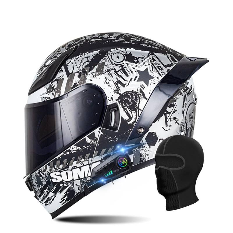 RQTEUYE Motorradhelm Klapphelm mit Bluetooth, ECE Zertifiziert Integralhelm mit Doppelvisier, mit Eingebautem Mikrofon für Automatische Reaktion, für Erwachsene Frauen Männer (21.6-24.4in) von RQTEUYE