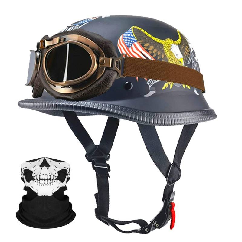 RQTEUYE Deutsche Motorrad Jethelm ECE-Zertifizierung, Vintage Halbhelme Halbschalenhelm mit Schutzbrille Chopper Helm für Cruiser Street Scooter mit Schnellverschlussschnallen 22.4-25.2in von RQTEUYE