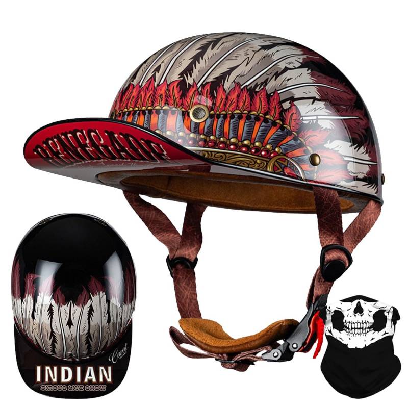 RQTEUYE Vintage Motorrad Baseball Cap Halbhelme, Retro Jethelm Halbschalenhelm mit ECE Zulassung mit Schnellverschluss für Scooter Cruiser Chopper Herren Damen Motorradhelm M-XXL von RQTEUYE