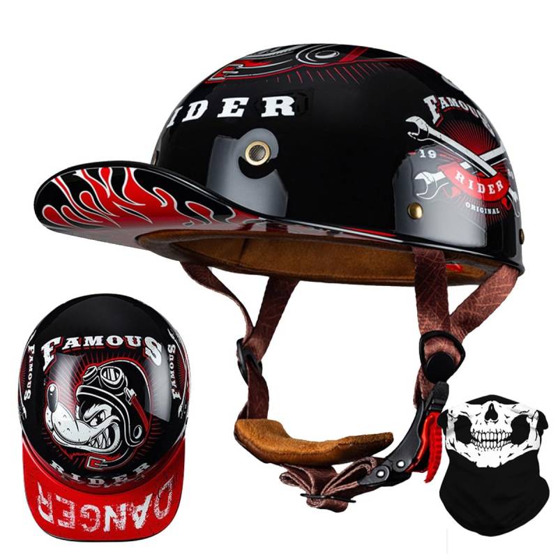 RQTEUYE Vintage Motorrad Baseball Cap Halbhelme, Retro Jethelm Halbschalenhelm mit ECE Zulassung mit Schnellverschluss für Scooter Cruiser Chopper Herren Damen Motorradhelm M-XXL von RQTEUYE