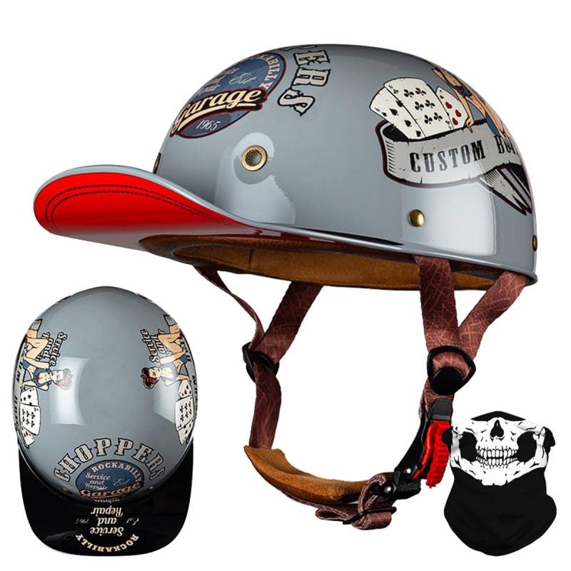 RQTEUYE Vintage Motorrad Baseball Cap Halbhelme, Retro Jethelm Halbschalenhelm mit ECE Zulassung mit Schnellverschluss für Scooter Cruiser Chopper Herren Damen Motorradhelm M-XXL von RQTEUYE