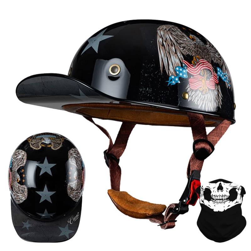 RQTEUYE Vintage Motorrad Baseball Cap Halbhelme, Retro Jethelm Halbschalenhelm mit ECE Zulassung mit Schnellverschluss für Scooter Cruiser Chopper Herren Damen Motorradhelm M-XXL von RQTEUYE