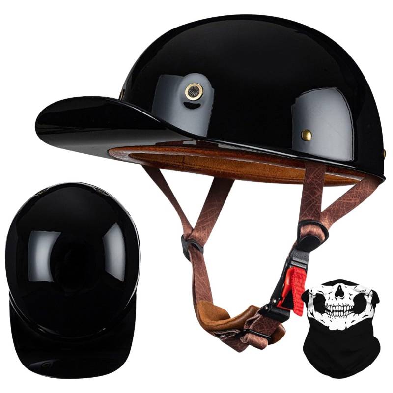 RQTEUYE Vintage Motorrad Baseball Cap Halbhelme, Retro Jethelm Halbschalenhelm mit ECE Zulassung mit Schnellverschluss für Scooter Cruiser Chopper Herren Damen Motorradhelm M-XXL von RQTEUYE