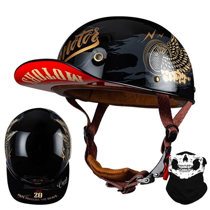 RQTEUYE Vintage Motorrad Baseball Cap Halbhelme, Retro Jethelm Halbschalenhelm mit ECE Zulassung mit Schnellverschluss für Scooter Cruiser Chopper Herren Damen Motorradhelm M-XXL von RQTEUYE