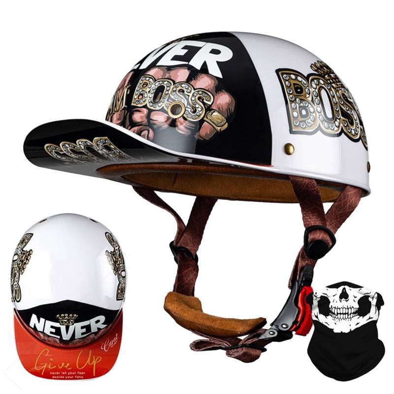 RQTEUYE Vintage Motorrad Baseball Cap Halbhelme, Retro Jethelm Halbschalenhelm mit ECE Zulassung mit Schnellverschluss für Scooter Cruiser Chopper Herren Damen Motorradhelm M-XXL von RQTEUYE