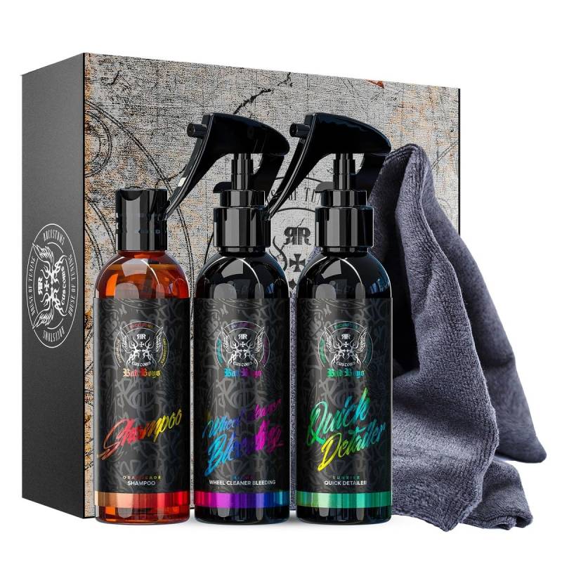 BadBoys Exterior Set Auto Wasch Set 150ml Geschenkset Quick Detailer Felgenreiniger Bleeding Auto Shampoo Fahrzeug Wäsche Set von RR Customs