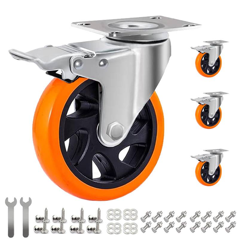 RRIUTO 125mm Schwerlastrollen mit Bremse, 4er-Set Lenkrollen Möbelrollen Tragkraft 800KG, 360-Grad Transportrollen Polyurethan Rollen für Möbel, Trolley, Tisch (mit Schrauben) von RRIUTO