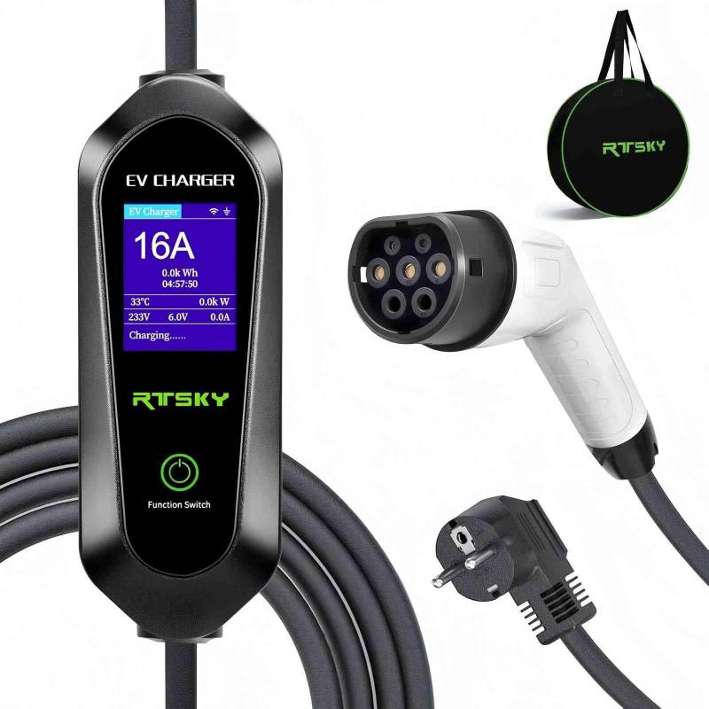 RTSKY 3.5kW Mobile Wallbox Ladekabel CEE 8-16A Auf Typ 2 Ladekabel Elektroauto Typ 2 Schuko 1-phasig, 16A EV Chargers mit Digitalanzeige für Elektroauto, EV Ladegerät,5m von RTSKY