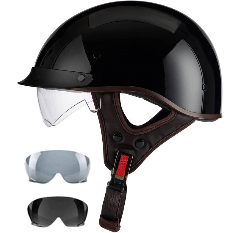 Halbhelme Motorradhelm Halbschalenhelm DOT/ECE Zulassung Herren Damen Brain-Cap Halbschale Roller-Helm Jet-Helm Mit Eingebautem Visier Scooter Offener Helm Für Erwachsene (O M=57) von RUANLOV