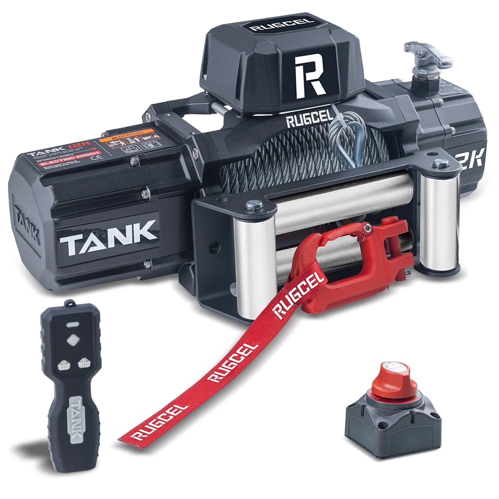 RUGCEL WINCH Wasserdichte elektrische synthetische Seilwinde, 12 V, mit Hawse Fairline, 2-in-1-Infrarot-Fernbedienung, kabelgebundene Steuerung, schwarzes Seil (Panzer 12000 Stahlseil) von RUGCEL WINCH