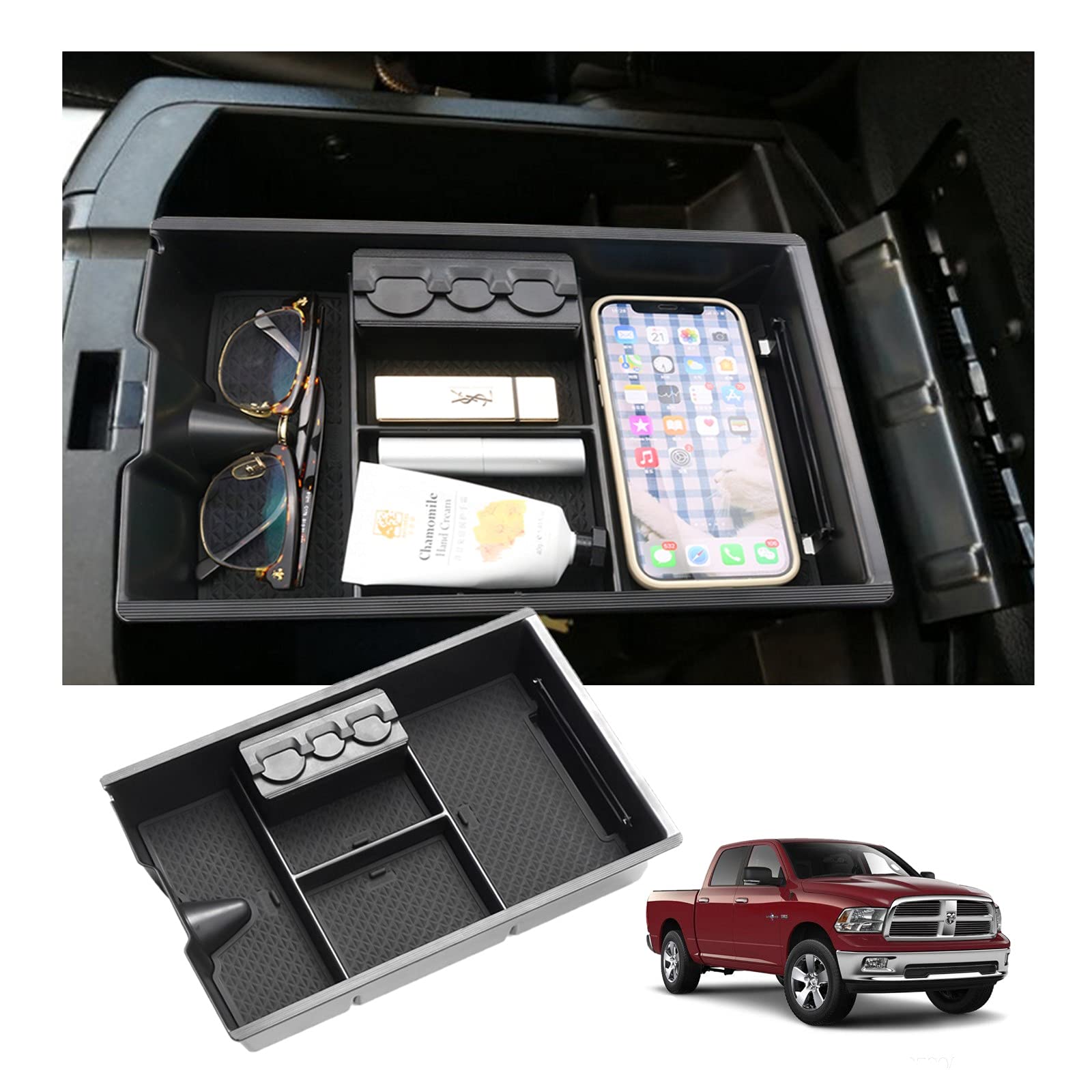 Ruiya Kompatibel mit Dodge RAM 1500 2009-2018 Mittelkonsole Aufbewahrungsbox, RAM Armlehne Organizer Tray Mittelarmlehne Handschuhfach Mittelkonsole Organizer RAM Zubehör Mittelkonsole Ablagefach von RUIYA