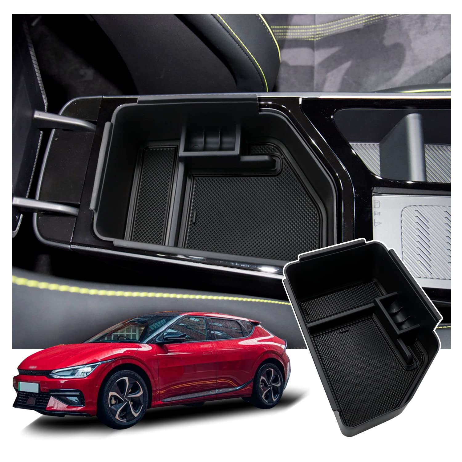 RUIYA Mittelkonsole Aufbewahrungsbox für Kia EV6 Armlehne Organizer Tray Mittelarmlehne Auto Zubehör Storage Box (Schwarz) von RUIYA