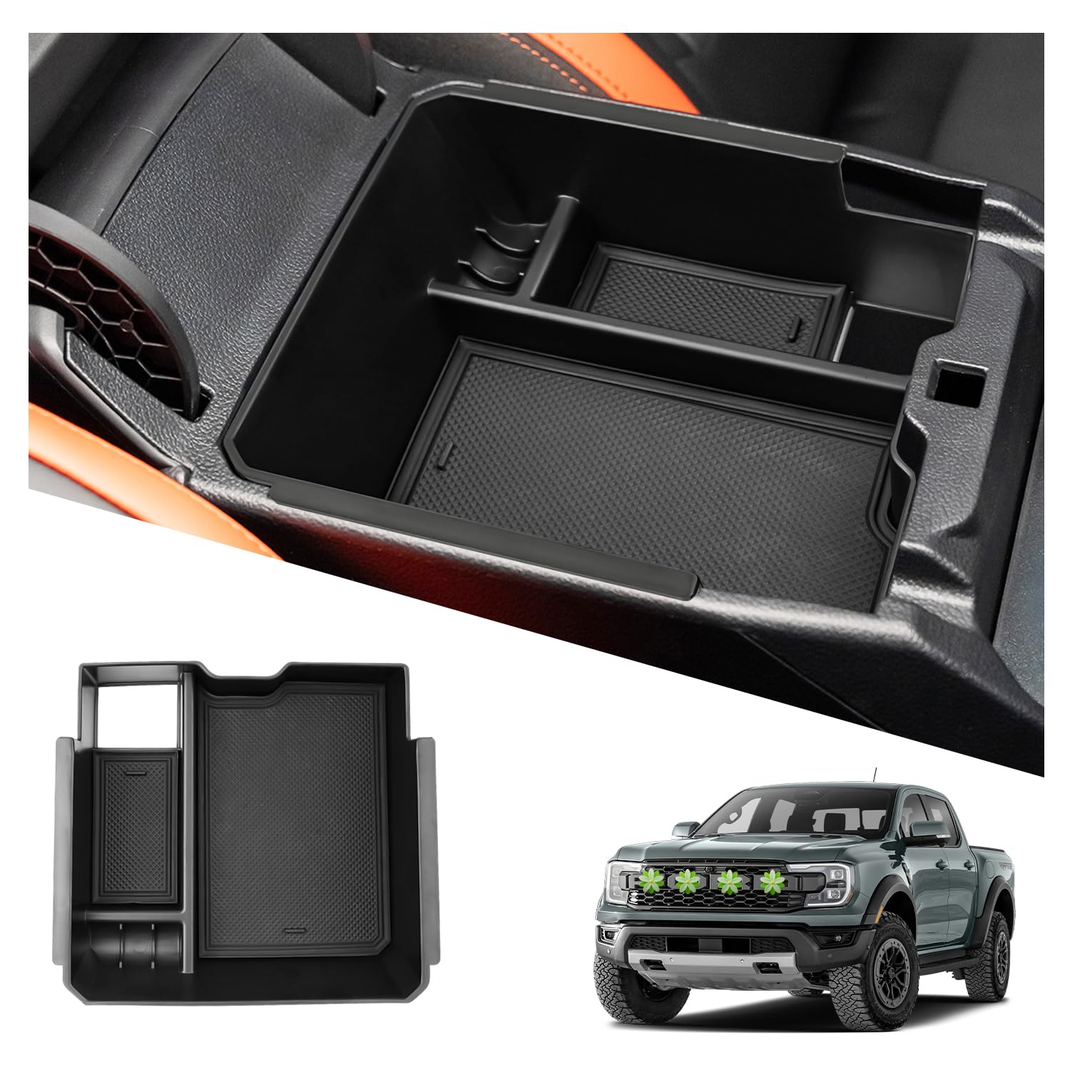 Ruiya Kompatibel mit Neu Ford Ranger T9 2023 2024 Mittelkonsole Aufbewahrungsbox, Ranger T9 Raptor Wildtrak XLT Armlehne Organizer Tray Mittelarmlehne Handschuhfach Organizer (Elektronische Bremse) von RUIYA