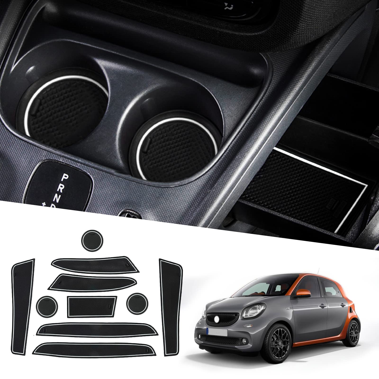 Ruiya Kompatibel mit Smart Forfour 2014-2019 Auto Gummimatten Türschlitzmatte, Smart Forfour Antirutschmatten Armlehne Getränkehalter Matte Mittelkonsole Rutschmatten Türnaht rutschfeste Matte von RUIYA