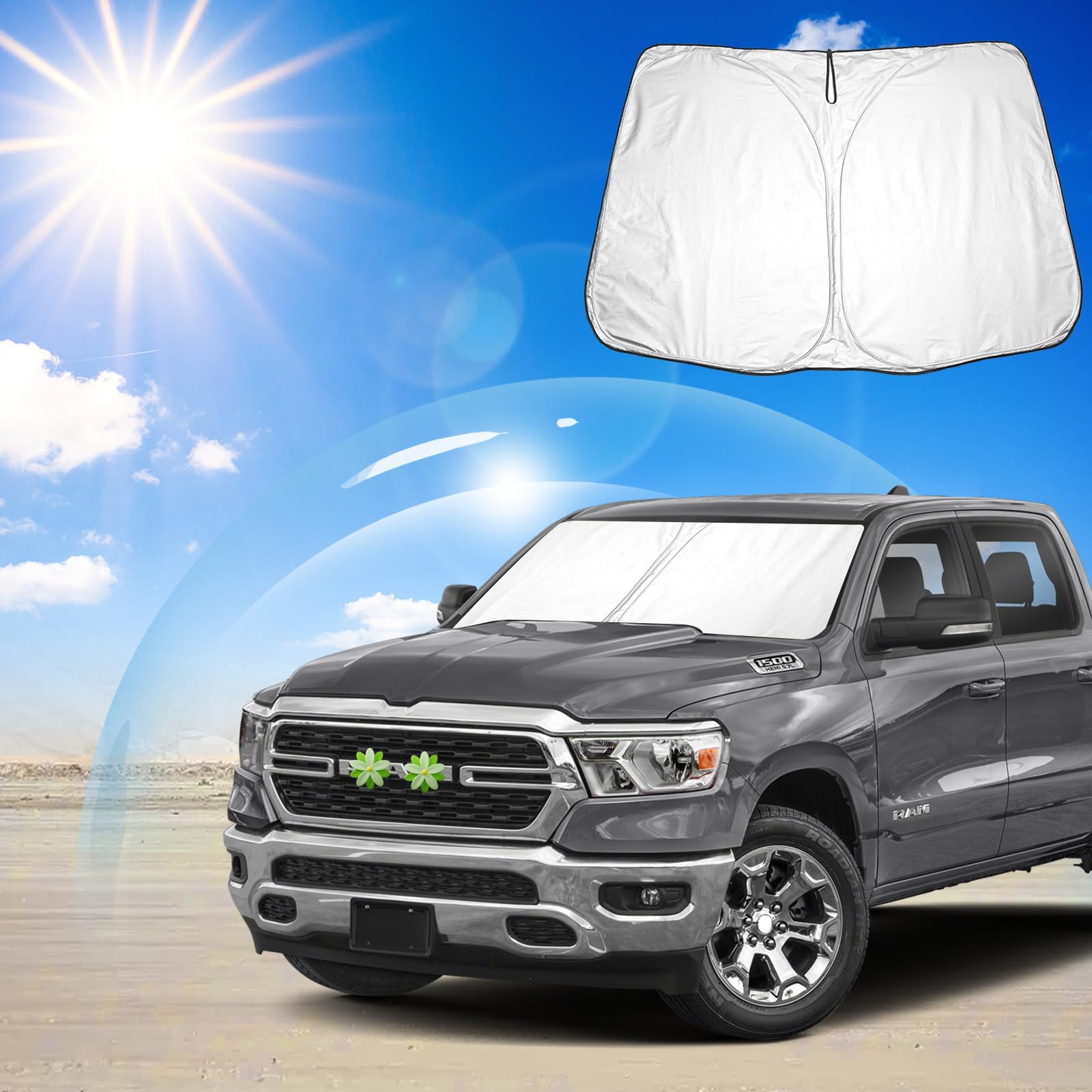 Ruiya für 2019-2024 Dodge RAM 1500 Auto Sonnenschutz Frontscheibe, Windschutzscheibe Sonnenschirm Auto Frontscheibe blockiert UV Vorderseite Frontscheibe Sonnenschutz RAM 1500 Zubehör von RUIYA