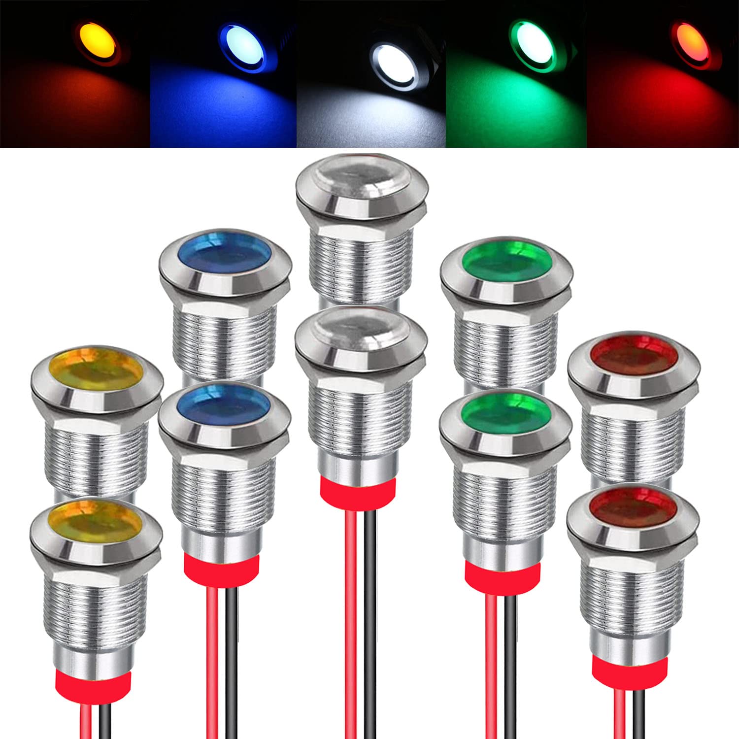 RUNCCI-YUN 10 Stück 12V-24V 12mm 1/2" LED Metall Kontrollleuchte wasserdichte Signallampe LED Panel installation kontrollleuchte(Grün×2 gelb×2 Rot×2 Blau×2 Weiß×2) von RUNCCI-YUN