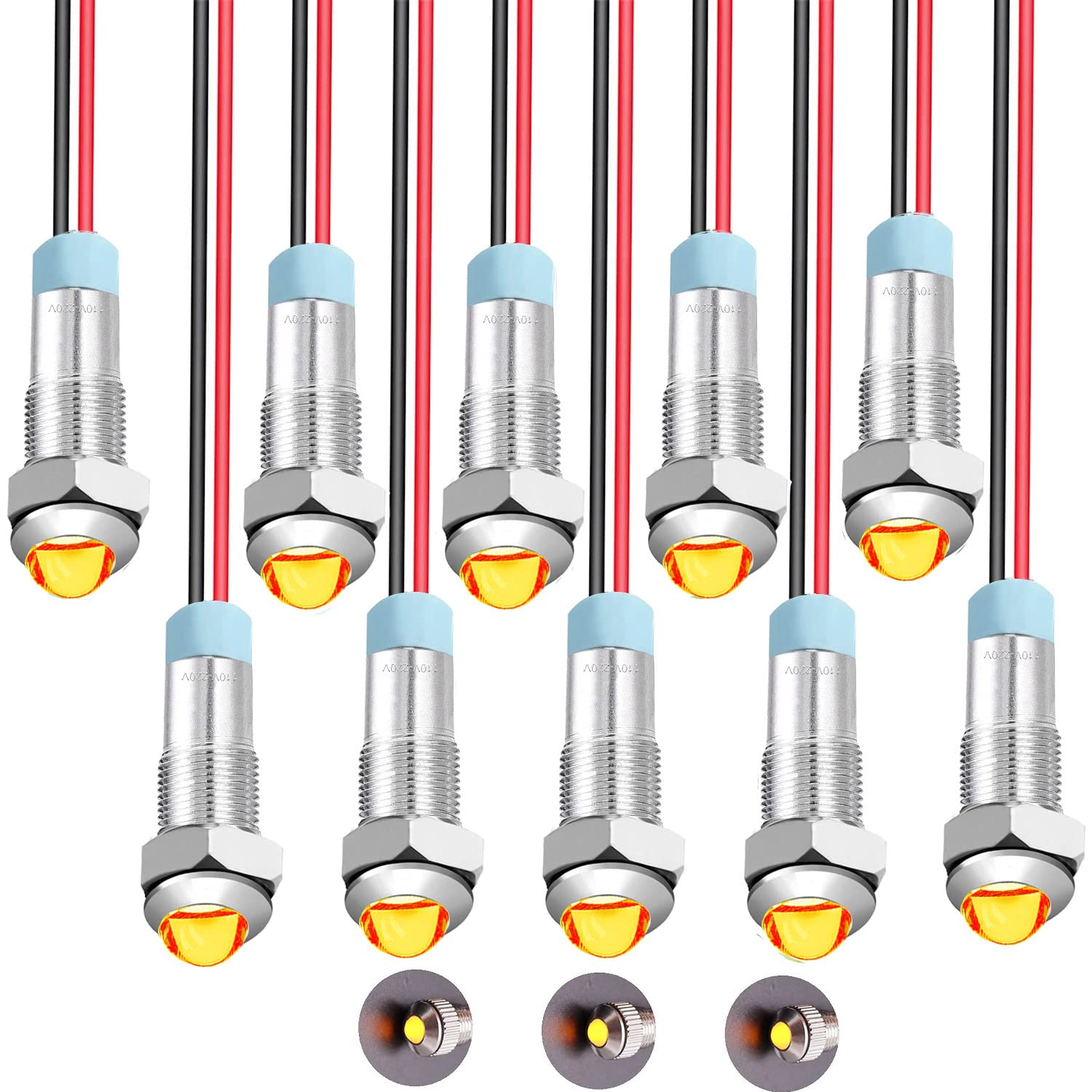 RUNCCI-YUN 10Pcs 110V-220V 6 mm 1/4" AC LED Metall Anzeigelampe wasserdichte Signallampe (rund, gelb) von RUNCCI-YUN