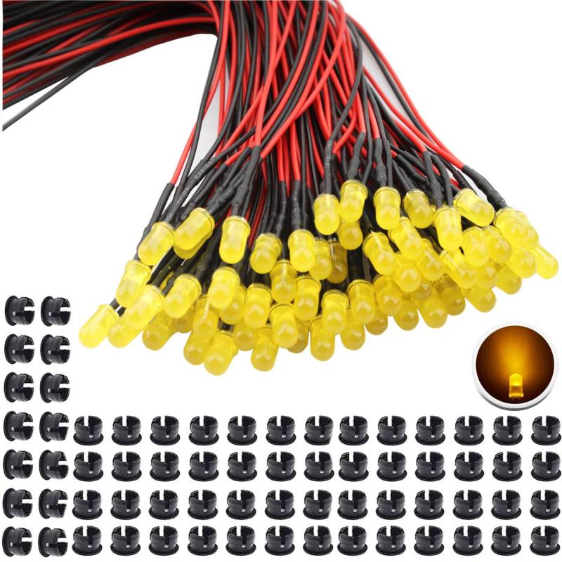 RUNCCI-YUN 65Pcs Gelb DC 12V Vorverdrahtetes Licht,5mm Leds mit 20cm Kabel,Vorverdrahtete LED-Dioden Licht, led modellbau+65Pcs 5mm Plastik LED Montageringe von RUNCCI-YUN