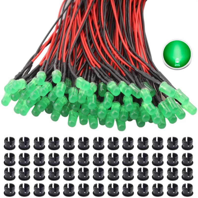 RUNCCI-YUN 65Pcs Grün DC 12V Vorverdrahtetes Licht,5mm Leds mit 20cm Kabel,Vorverdrahtete LED-Dioden Licht,12v LED Grün +65Pcs 5mm Plastik LED Montageringe von RUNCCI-YUN