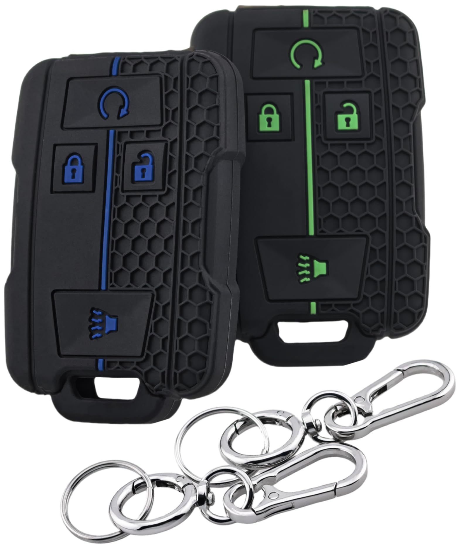 RUNZUIE Silikon-Schutzhülle für Smart-Schlüsselanhänger mit 4 Tasten, für GMC Canyon, Sierra, Yukon, Chevrolet, Chevy, Colorado, Silverado, Suburban, Tahoe, 2 Stück, Schwarz mit Blau/Grün RUNZUIE Silikon-Schutzhülle für Smart-Schlüsselanhänger mit 4 Tasten, für GMC Canyon, Sierra, Yukon, Chevrolet, Chevy, Colorado, Silverado, Suburban, Tahoe, 2 Stück, Schwarz mit Blau/Grün von RUNZUIE