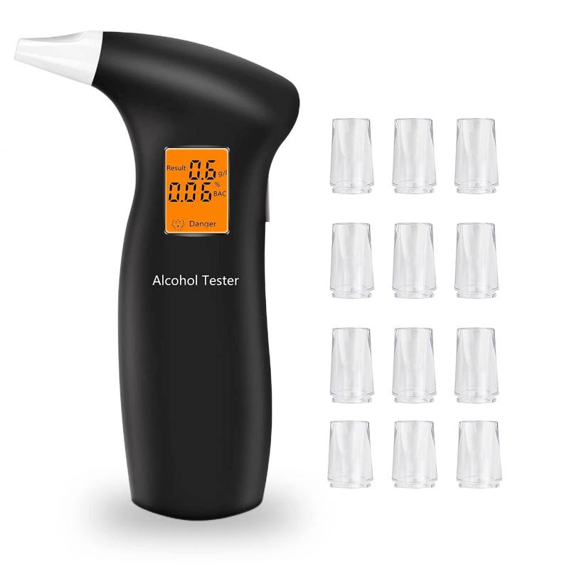 RUTIDA Alkoholtester, Polizeigenau Alkoholmessgeräte Promillemessgerät mit 12 Mundstücken, Professioneller Alkohol Tester mit Digitaler LCD-Anzeige und Halbleiter Sensorik von RUTIDA
