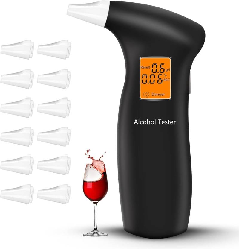RUTIDA Alkoholtester, Polizeigenau Alkoholmessgeräte Promillemessgerät mit 12 Mundstücken, Professioneller Alkohol Tester mit Digitaler LCD-Anzeige und Halbleiter Sensorik von RUTIDA
