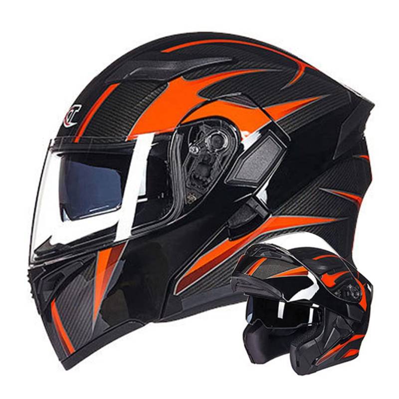 Motorrad Modularer Helm mit doppelter Anti-Fog-Linse Motorrad helme D.O.T Integralhelm Moped Roller Klapphelm Schutzhelm für Herren & Damen (Schwarz-Orange Kohlefaserstruktur) (55~57cm M) von RUTXE