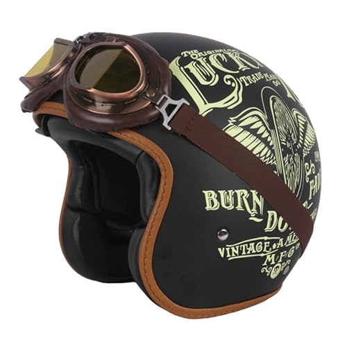 Retro Motorrad 3/4 Halbhelm Moped Pilot Helm Jethelme Mit Sonnenblende Brille Vintage Roller Jethelm Cruiser Chopper ECE/DOT Approved (Lucky 13) (61~62cm XL) von RUTXE