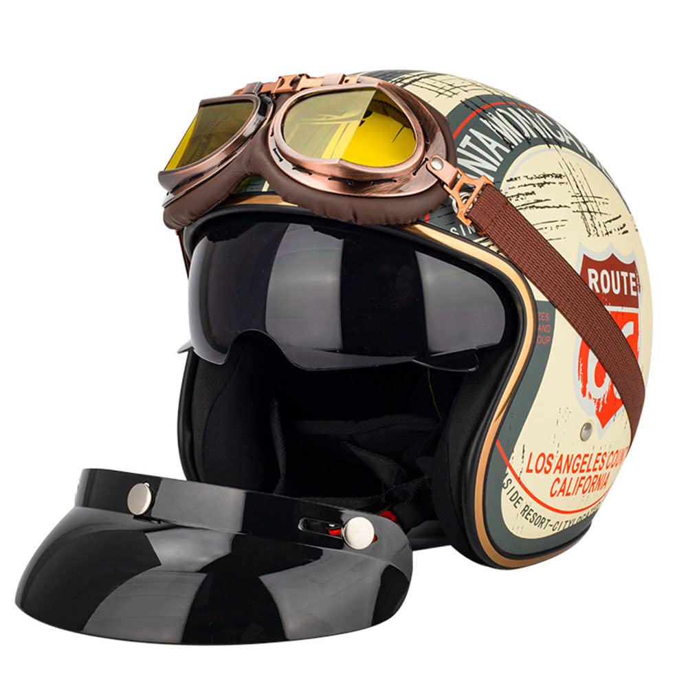 Retro Motorrad Pilotenhelm 3/4 Halbhelm Jethelme mit Sonnenblende Brille Vintage Roller Jethelm Moped Cruiser Chopper Sturzhelm ECE/DOT Approved (Gelb 66) (55~56cm S) von RUTXE