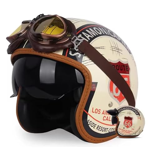 Retro Motorrad Pilotenhelm 3/4 Halbhelm Jethelme mit Sonnenblende Brille Vintage Roller Jethelm Moped Cruiser Chopper Sturzhelm ECE/DOT Approved (Gelb 66) (61~62cm XL) von RUTXE