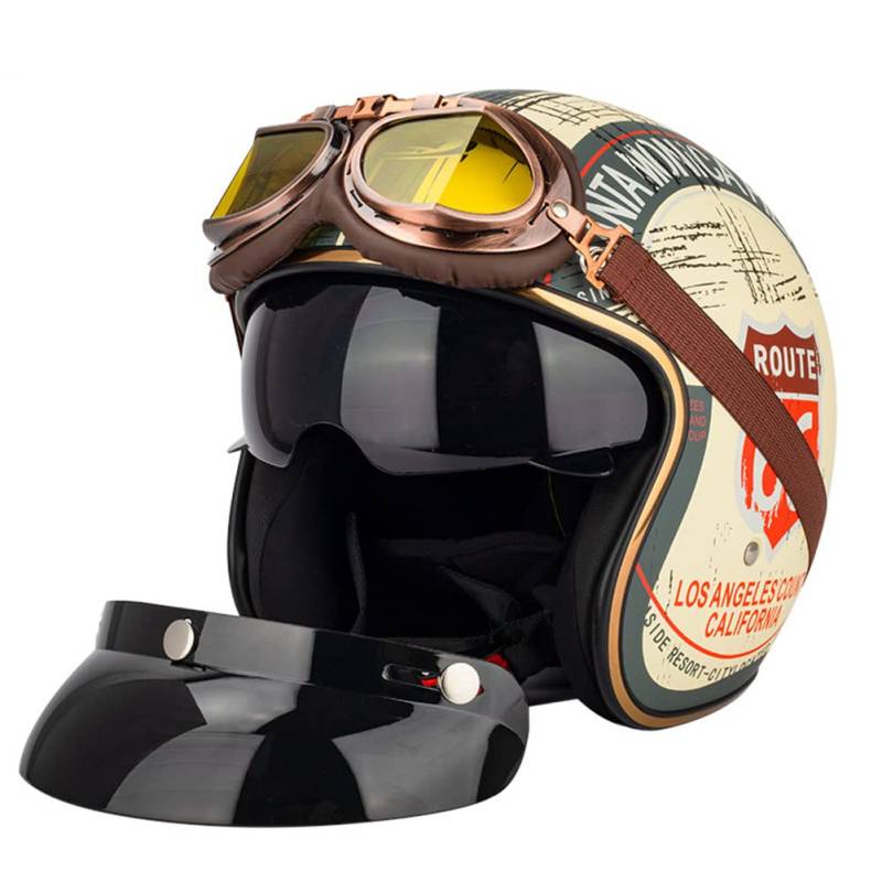 Retro Motorrad Pilotenhelm 3/4 Halbhelm Jethelme mit Sonnenblende Brille Vintage Roller Jethelm Moped Cruiser Chopper Sturzhelm ECE/DOT Approved (Gelb 66) (61~62cm XL) von RUTXE