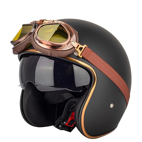 Retro Motorrad Pilotenhelm Jethelme 3/4 Halbhelm mit Sonnenblende Brille Vintage Roller Jethelm Moped Cruiser Chopper ECE/DOT Zugelassen (Matte black,59~60cm L) von RUTXE
