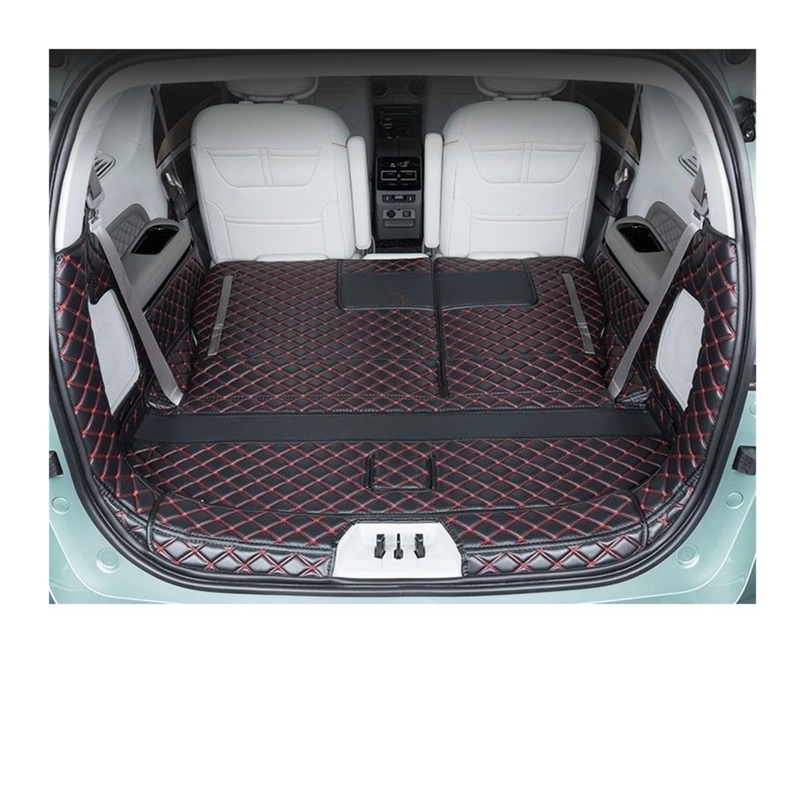 Car Trunk Liner Leder-Kofferraummatte passend für Dongfeng Forthing M4 U-Tour 2024 2025 6-Sitzer Anti-Schmutz-Laderaumabdeckung Kofferraum Schutzmatte(Full Set Black red) von RVIFY