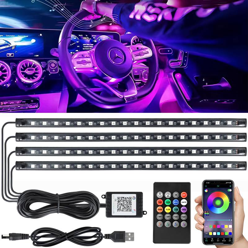 LED Innenbeleuchtung Auto 4pcs 72 LED KFZ-Innenraumbeleuchtung Streifen Auto Innenraumbeleuchtung mit Zigarettenanzünder, APP & Fernbedienung Steuerung von RWSRW