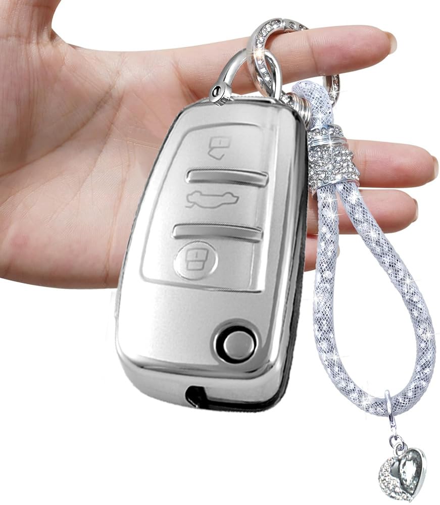 Autoschlüssel Hülle kompatibel mit Audi A1 A3 A4 A6 A8 Quattro Q2 Q3 Q7 R8 RS3 RS6 S3 S6 TT TTS Auto Schlüsselbox Cover mit Schlüsselbund (Glitzerndem Hülle) von RXXR